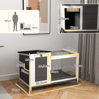 Wooden Rabbit Hutch with Wheels Rabbit Cage with Flip-Top Asphalt Roof Mobile Window and Removable Tray Indoor and Outdoor Rabbit Hutch 91x51x66 cm White and Dark Gray