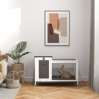 Wooden Rabbit Hutch with Wheels Rabbit Cage with Flip-Top Asphalt Roof Mobile Window and Removable Tray Indoor and Outdoor Rabbit Hutch 91x51x66 cm White and Dark Gray