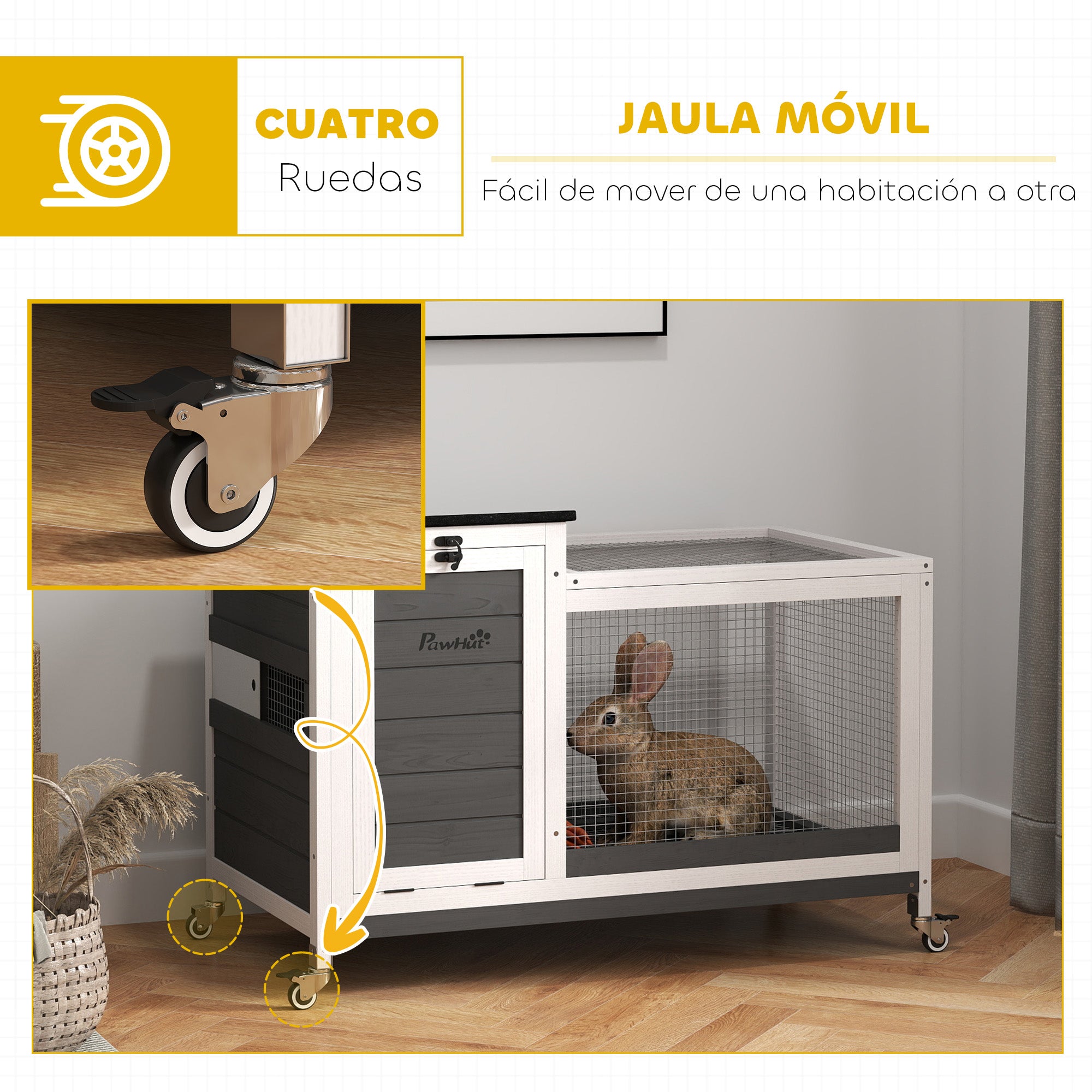 Wooden Rabbit Hutch with Wheels Rabbit Cage with Flip-Top Asphalt Roof Mobile Window and Removable Tray Indoor and Outdoor Rabbit Hutch 91x51x66 cm White and Dark Gray