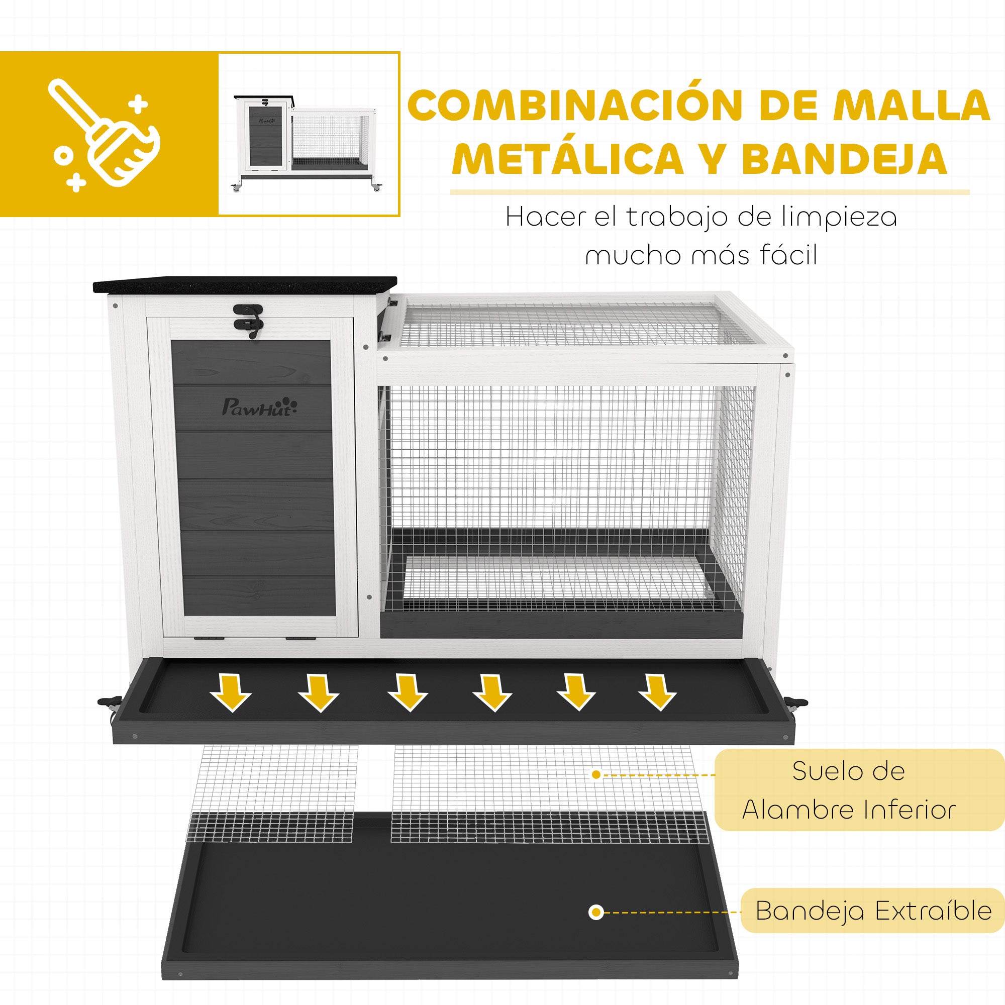 Wooden Rabbit Hutch with Wheels Rabbit Cage with Flip-Top Asphalt Roof Mobile Window and Removable Tray Indoor and Outdoor Rabbit Hutch 91x51x66 cm White and Dark Gray