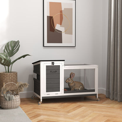 Wooden Rabbit Hutch with Wheels Rabbit Cage with Flip-Top Asphalt Roof Mobile Window and Removable Tray Indoor and Outdoor Rabbit Hutch 91x51x66 cm White and Dark Gray