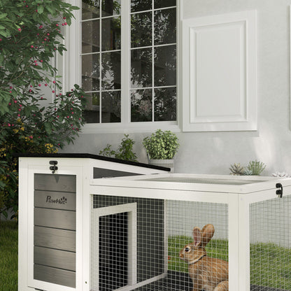 Wooden Rabbit Hutch with Wheels Rabbit Cage with Flip-Top Asphalt Roof Mobile Window and Removable Tray Indoor and Outdoor Rabbit Hutch 91x51x66 cm White and Dark Gray
