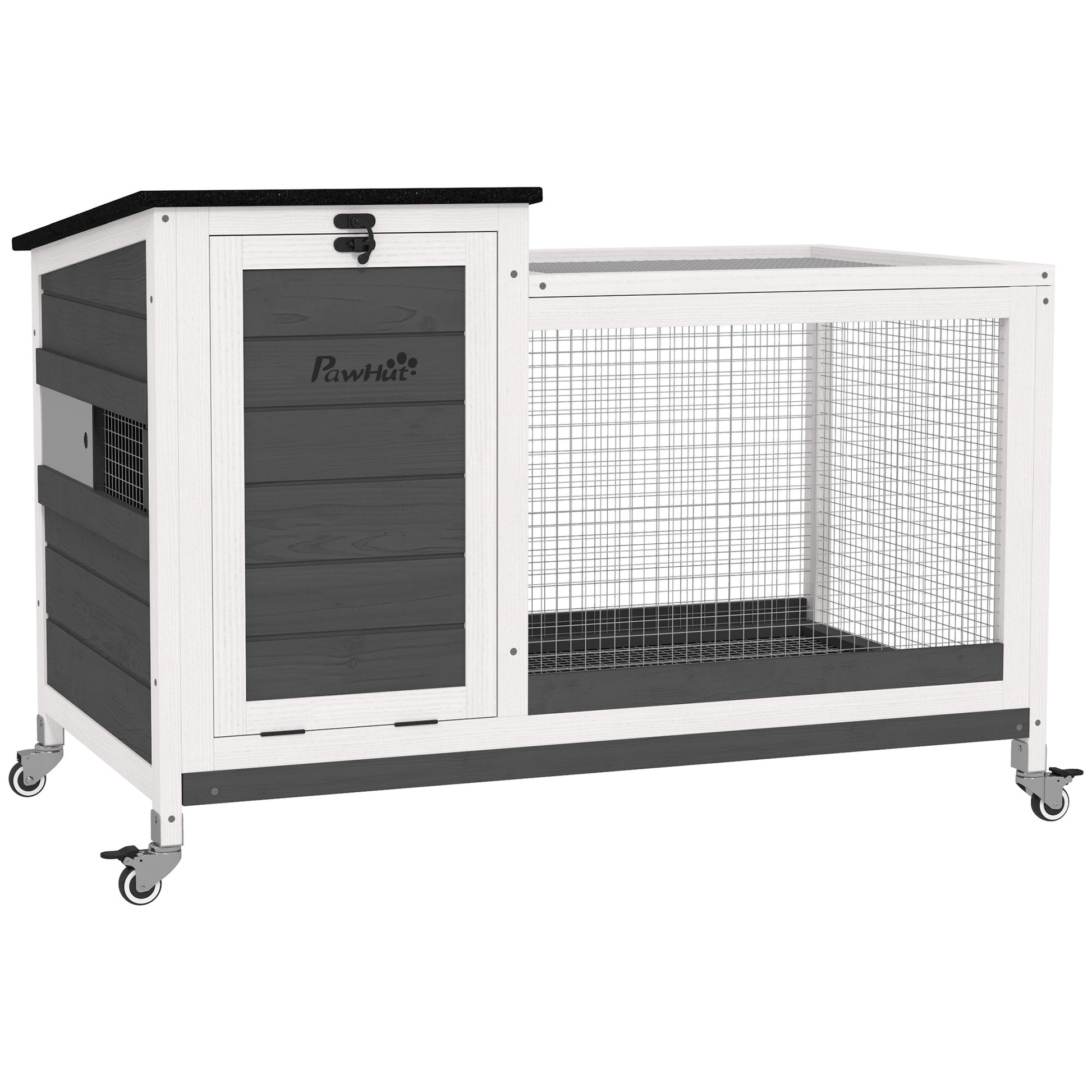 Wooden Rabbit Hutch with Wheels Rabbit Cage with Flip-Top Asphalt Roof Mobile Window and Removable Tray Indoor and Outdoor Rabbit Hutch 91x51x66 cm White and Dark Gray