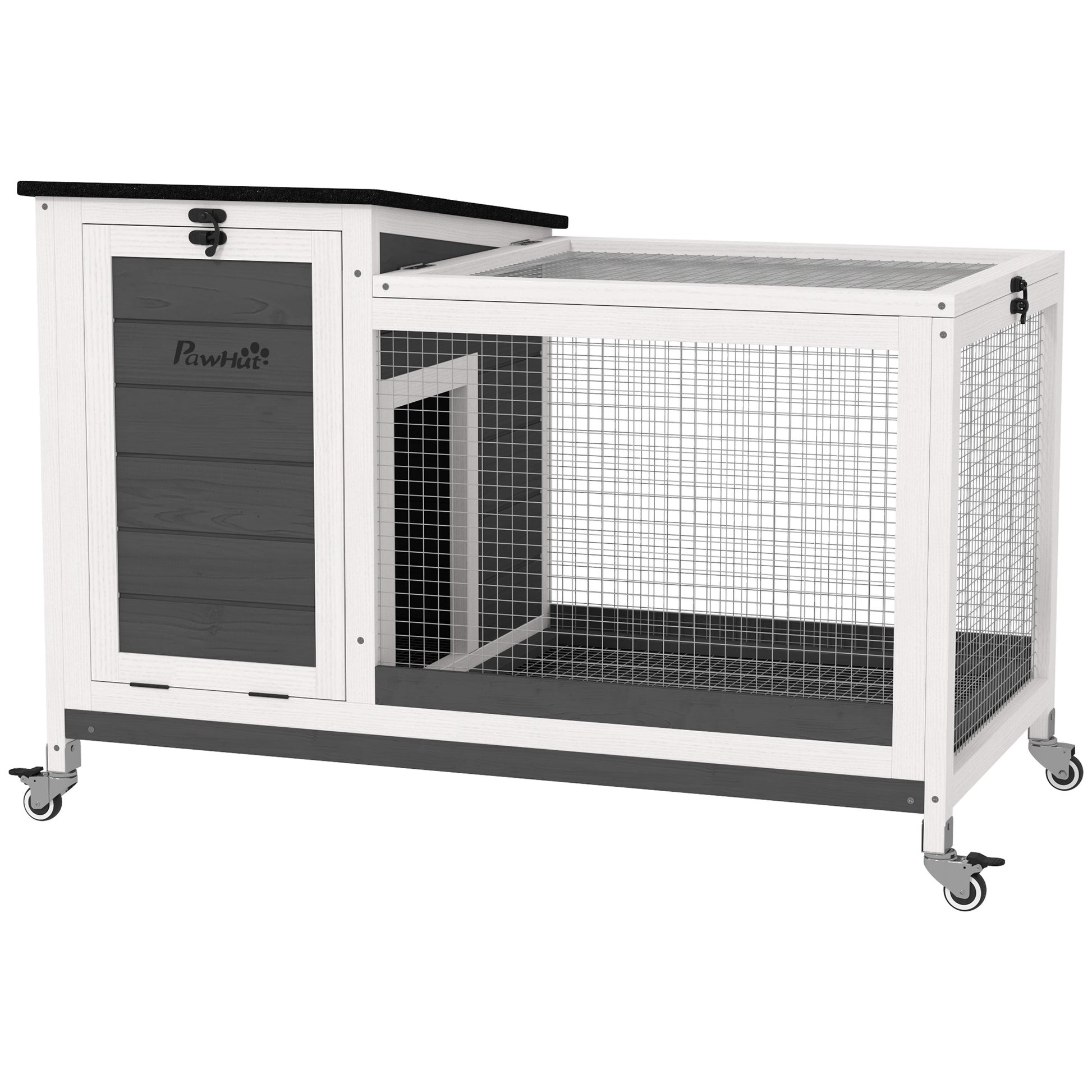Wooden Rabbit Hutch with Wheels Rabbit Cage with Flip-Top Asphalt Roof Mobile Window and Removable Tray Indoor and Outdoor Rabbit Hutch 91x51x66 cm White and Dark Gray