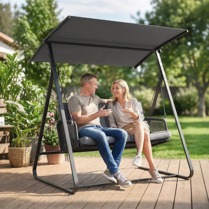 2‑Seater Rattan Hollywood Swing with Adjustable Sun Canopy and Soft Cushions, A‑Frame — Holds up to 240 kg (529 lb) — 150 x 128 x 168 cm / 59 x 50 x 66 in — Dark Gray