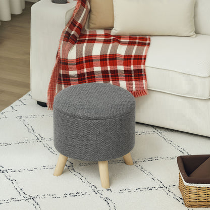Round Ottoman Footrest Stool with Storage Chest Wooden Legs Modern Design, Gray