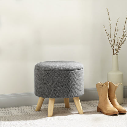 Round Ottoman Footrest Stool with Storage Chest Wooden Legs Modern Design, Gray