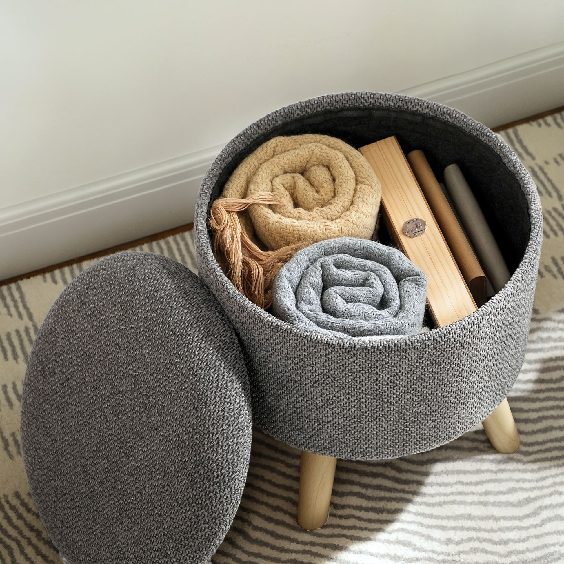 Round Ottoman Footrest Stool with Storage Chest Wooden Legs Modern Design, Gray