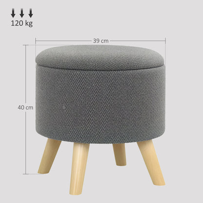 Round Ottoman Footrest Stool with Storage Chest Wooden Legs Modern Design, Gray