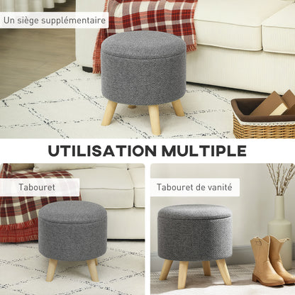 Round Ottoman Footrest Stool with Storage Chest Wooden Legs Modern Design, Gray