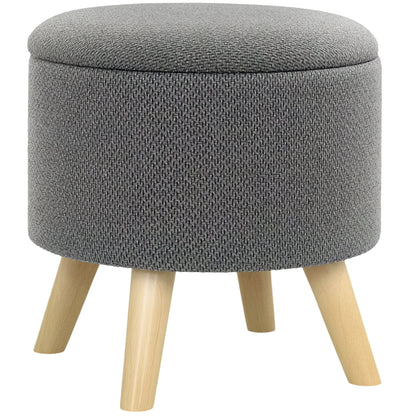 Round Ottoman Footrest Stool with Storage Chest Wooden Legs Modern Design, Gray