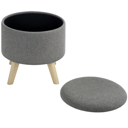 Round Ottoman Footrest Stool with Storage Chest Wooden Legs Modern Design, Gray