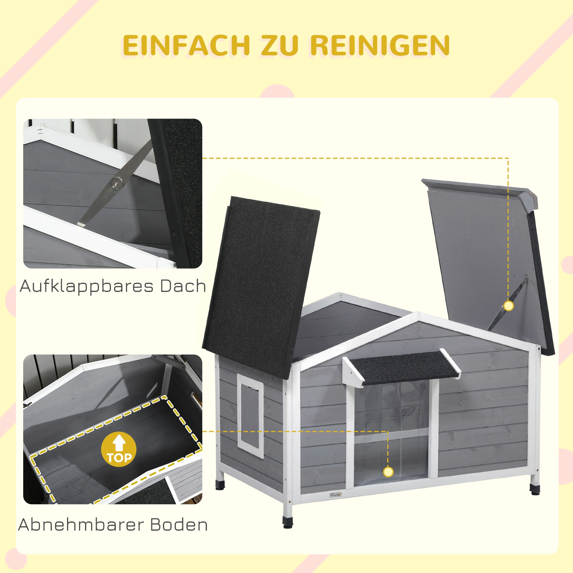 Wooden Dog House, Dog House with Openable Asphalt Roof and Removable Bottom, Outdoor Pet House for Small, Medium Dogs, Outside, Gray, 109 x 79 x 72 cm