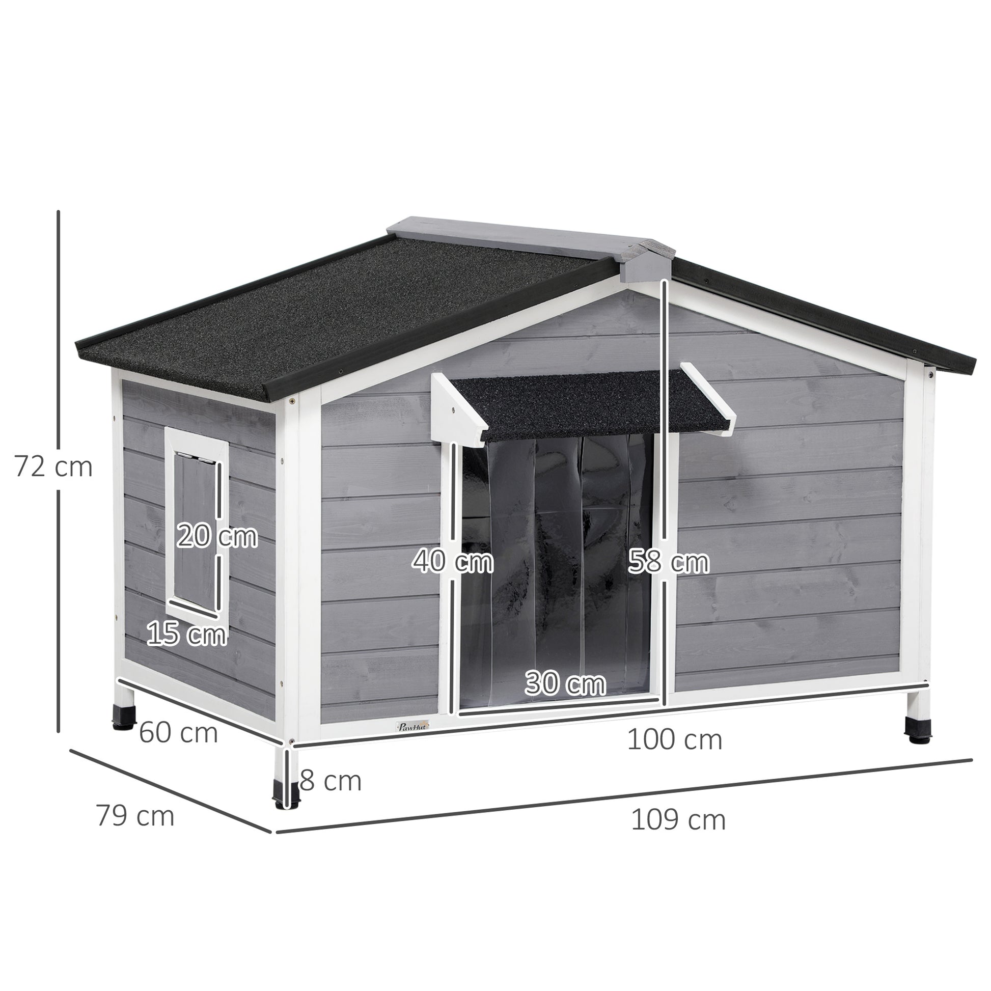 Wooden Dog House, Dog House with Openable Asphalt Roof and Removable Bottom, Outdoor Pet House for Small, Medium Dogs, Outside, Gray, 109 x 79 x 72 cm