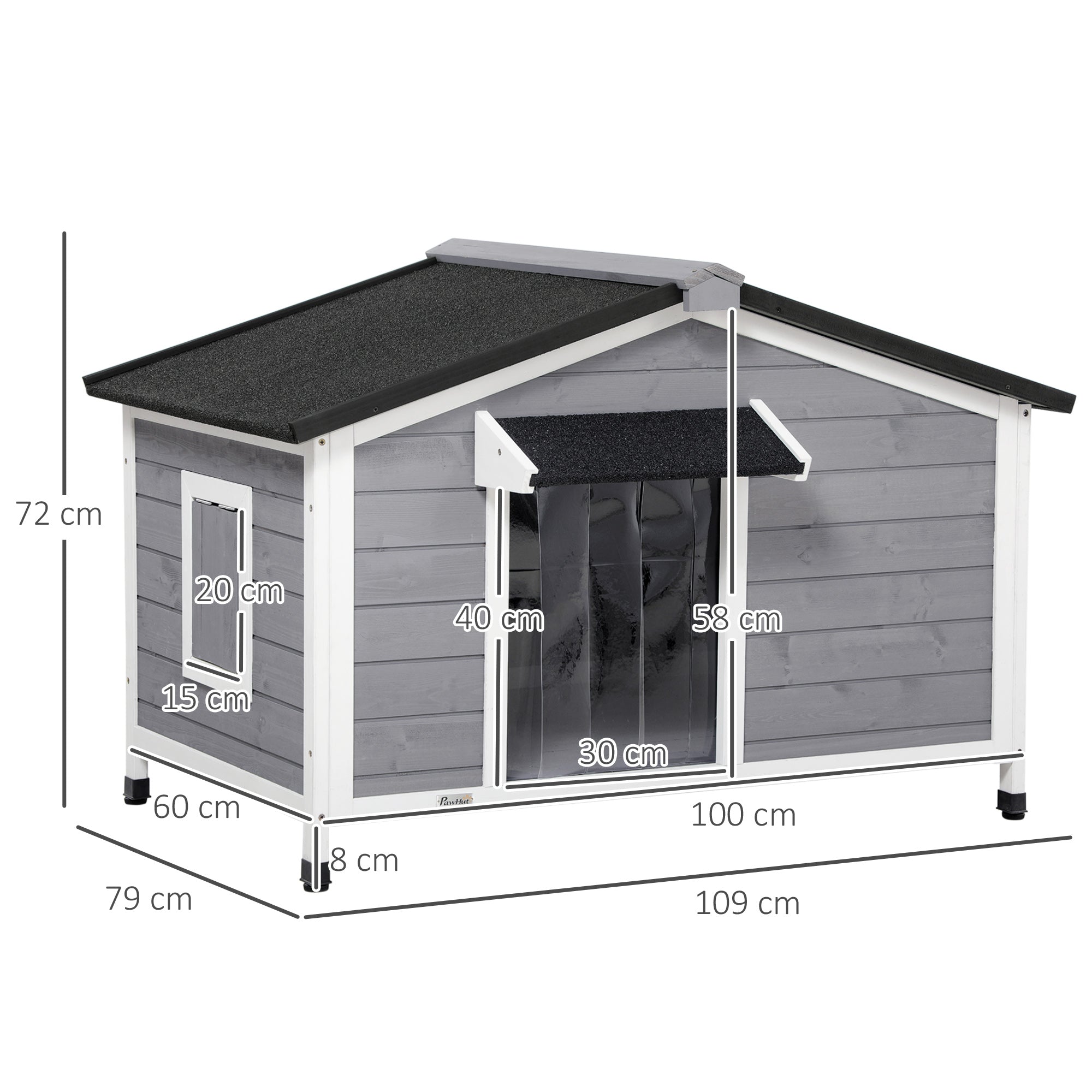 Wooden Dog House, Dog House with Openable Asphalt Roof and Removable Bottom, Outdoor Pet House for Small, Medium Dogs, Outside, Gray, 109 x 79 x 72 cm