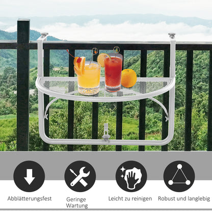 Balcony Hanging Table Hanging Table Garden Table Height Adjustable Half-Round Ø30 cm Terrace Metal White L60 x W45 x H50 cm