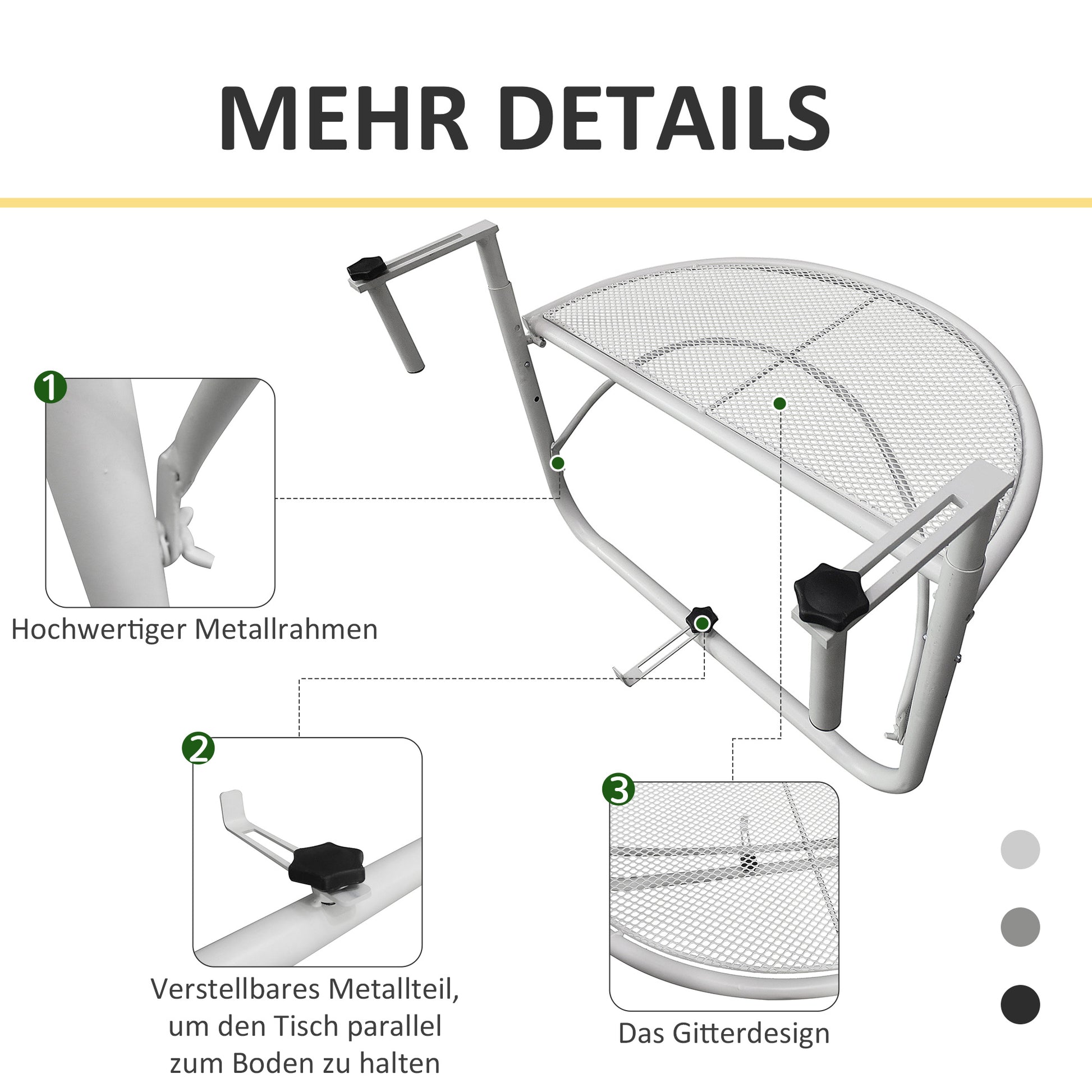 Balcony Hanging Table Hanging Table Garden Table Height Adjustable Half-Round Ø30 cm Terrace Metal White L60 x W45 x H50 cm