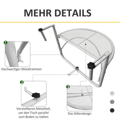 Balcony Hanging Table Hanging Table Garden Table Height Adjustable Half-Round Ø30 cm Terrace Metal White L60 x W45 x H50 cm