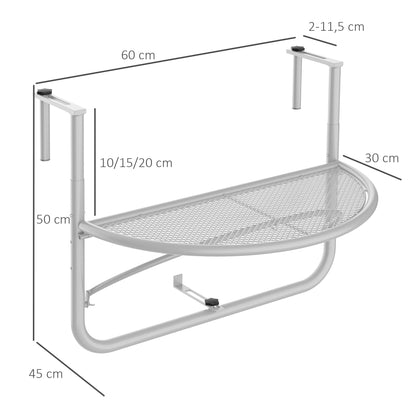 Balcony Hanging Table Hanging Table Garden Table Height Adjustable Half-Round Ø30 cm Terrace Metal White L60 x W45 x H50 cm