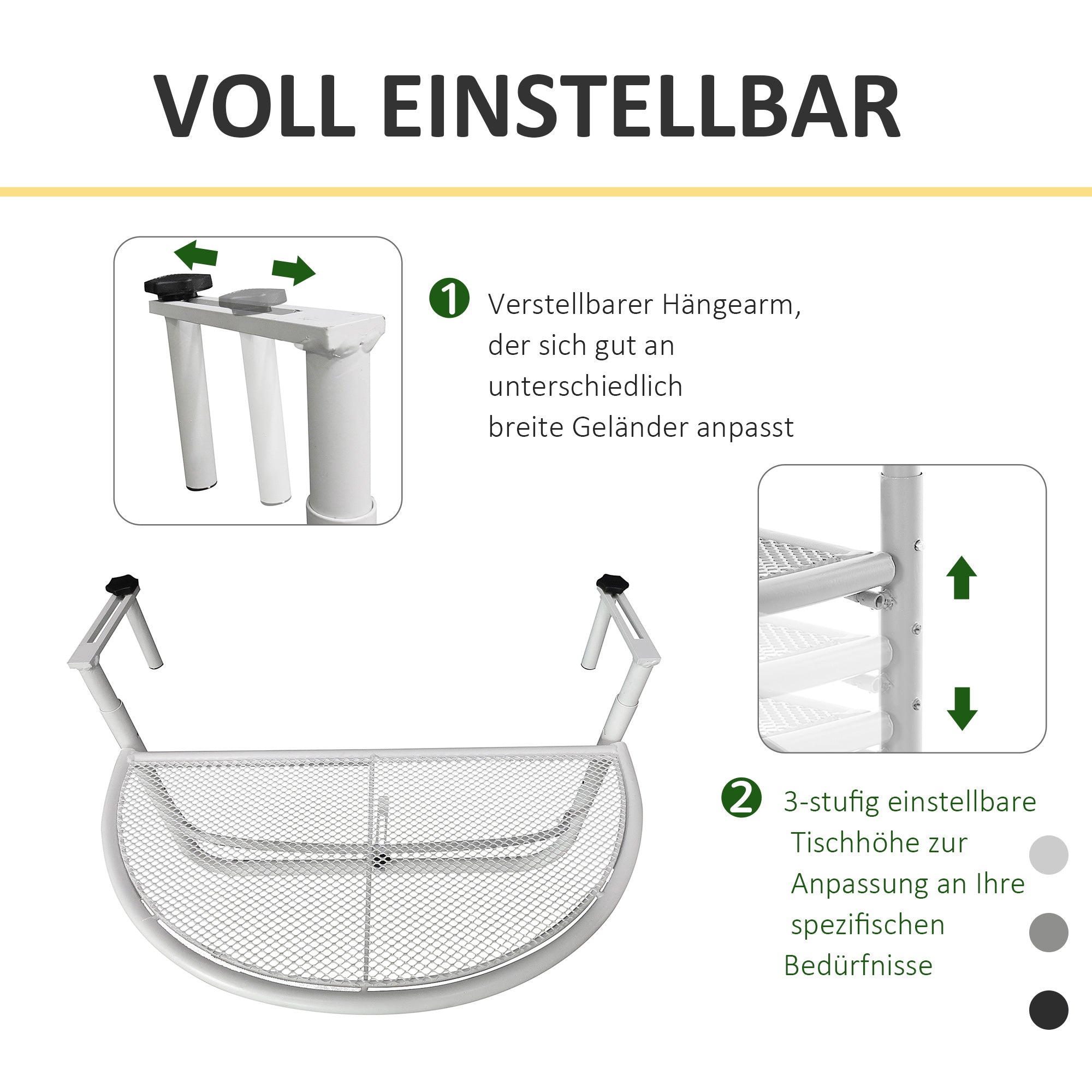 Balcony Hanging Table Hanging Table Garden Table Height Adjustable Half-Round Ø30 cm Terrace Metal White L60 x W45 x H50 cm