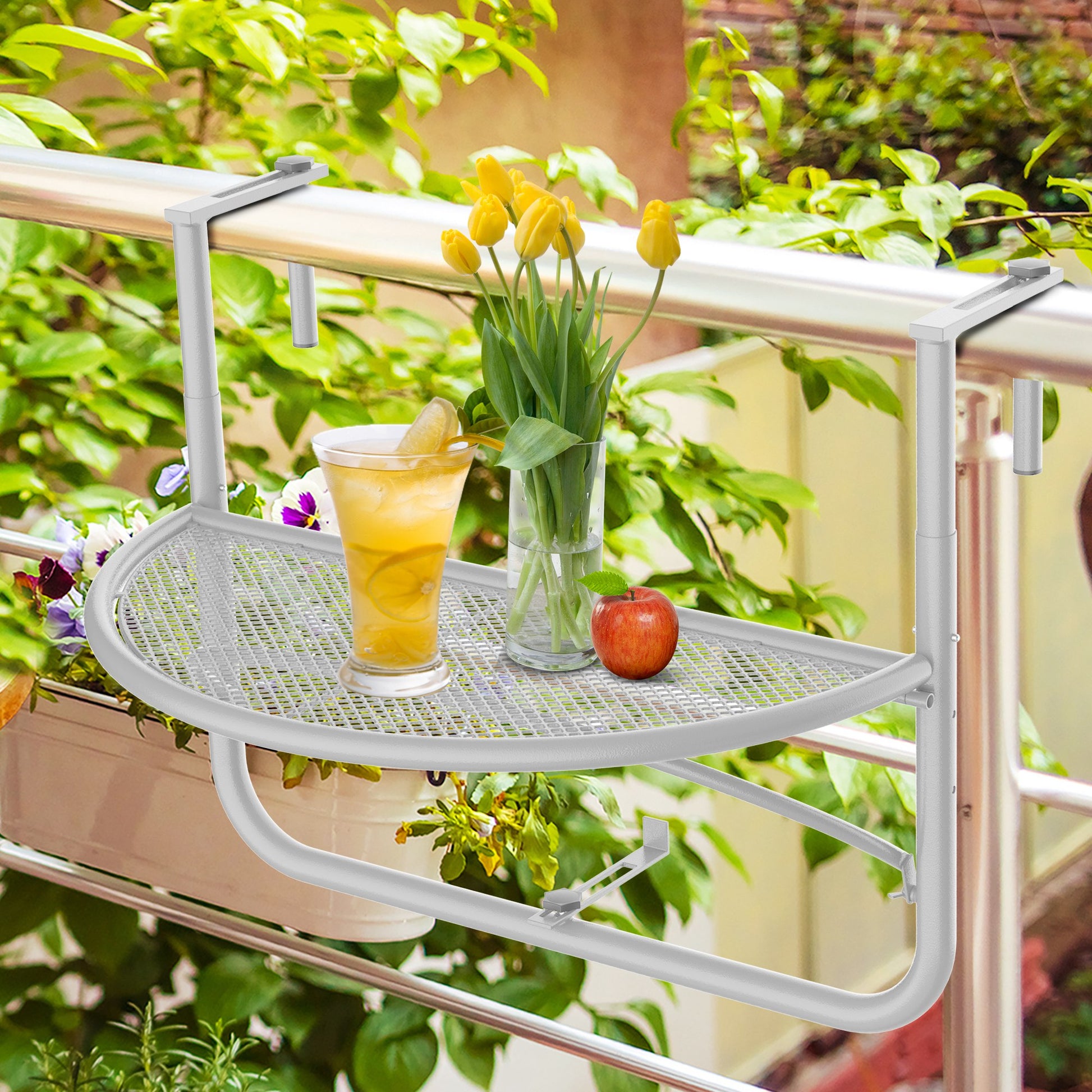Balcony Hanging Table Hanging Table Garden Table Height Adjustable Half-Round Ø30 cm Terrace Metal White L60 x W45 x H50 cm