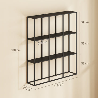 Industrial 9-Compartment Wall Shelf — Modular Metal Display Shelf for Collectibles & Home Decor, Black