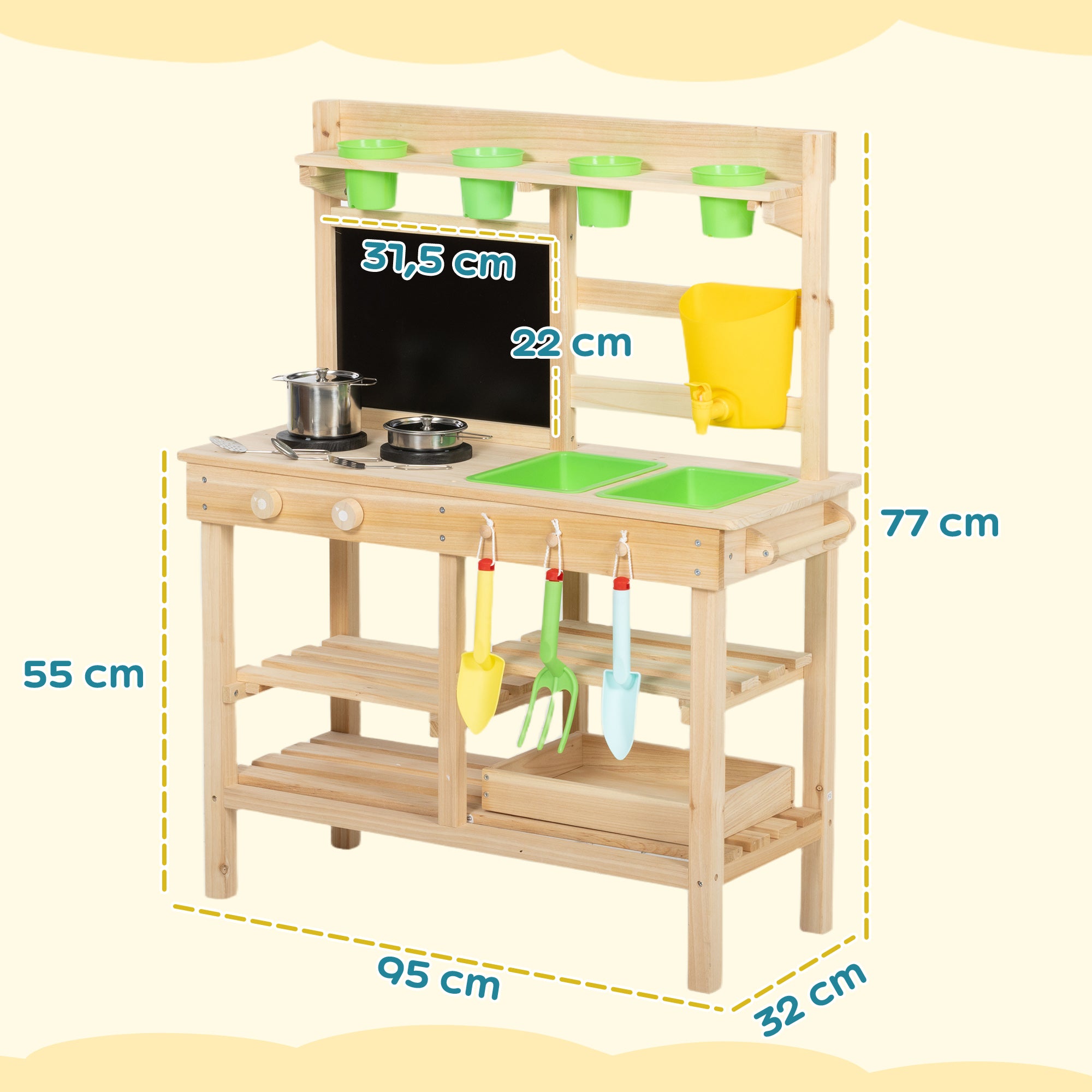Outdoor Toy Kitchen — Wooden Play Kitchen with Planters, Sink, Faucet, Stainless-Steel Utensils, Chalkboard, Shelves & Hooks — Ages 3–6, Natural