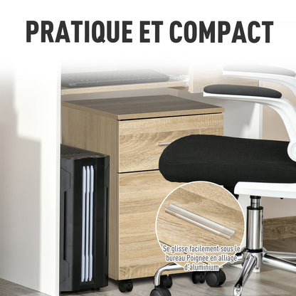 Mobile Office Pedestal Storage Cabinet 2 Drawers 5 Casters Particle Board 39.5 x 39 x 58.5 cm Oak
