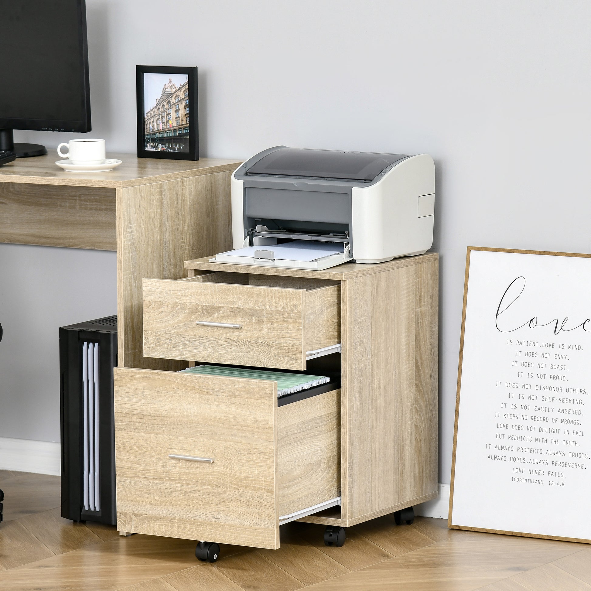 Mobile Office Pedestal Storage Cabinet 2 Drawers 5 Casters Particle Board 39.5 x 39 x 58.5 cm Oak