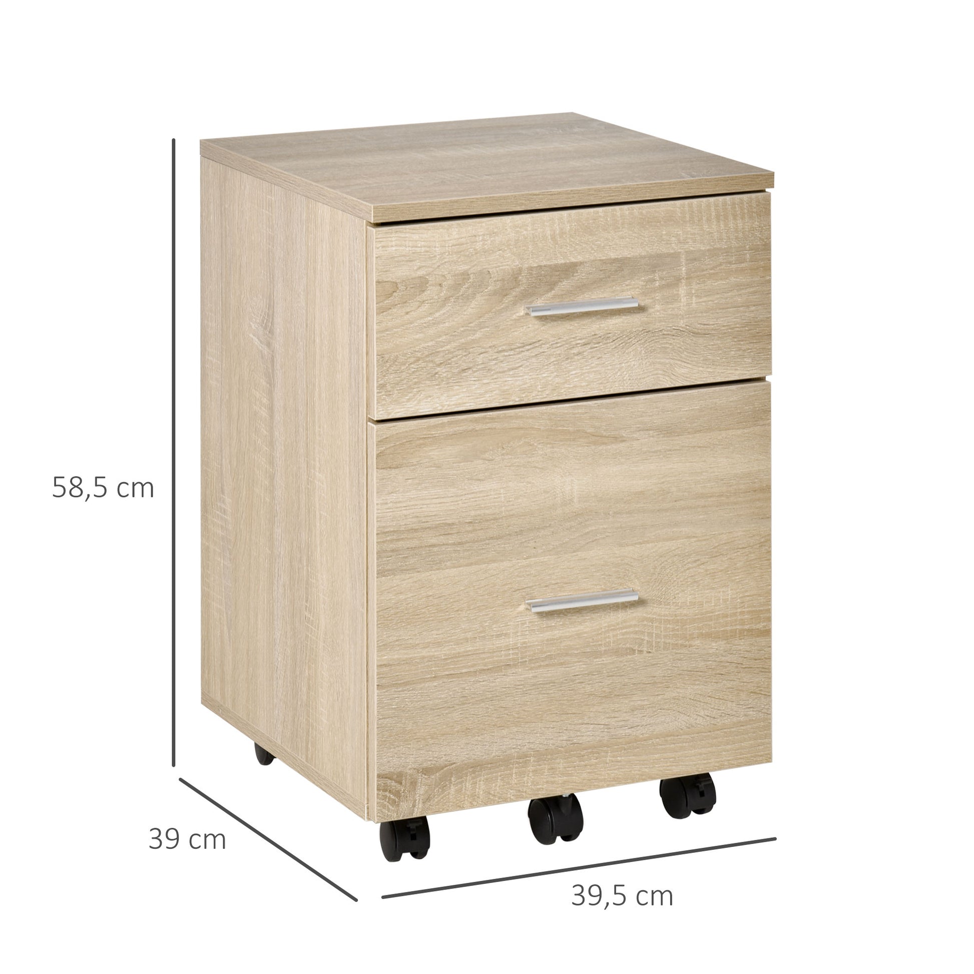 Mobile Office Pedestal Storage Cabinet 2 Drawers 5 Casters Particle Board 39.5 x 39 x 58.5 cm Oak