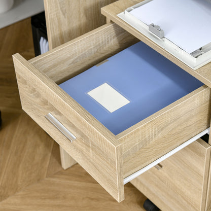 Mobile Office Pedestal Storage Cabinet 2 Drawers 5 Casters Particle Board 39.5 x 39 x 58.5 cm Oak