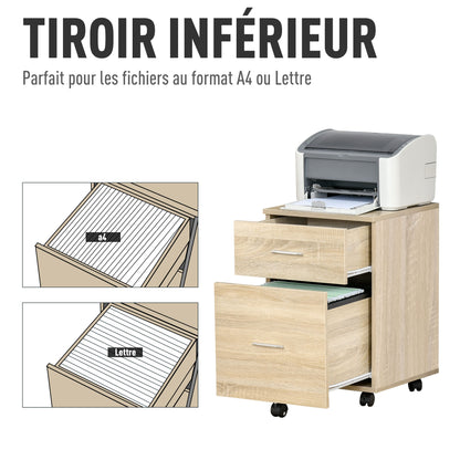 Mobile Office Pedestal Storage Cabinet 2 Drawers 5 Casters Particle Board 39.5 x 39 x 58.5 cm Oak