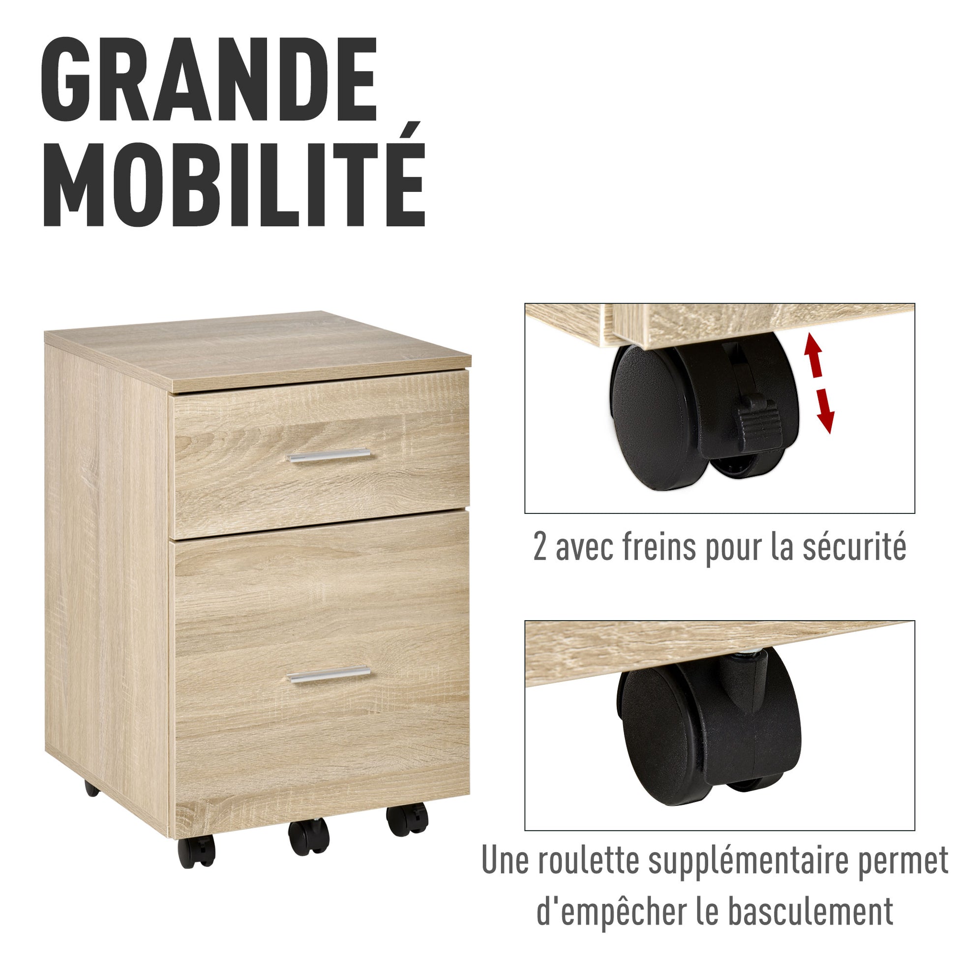Mobile Office Pedestal Storage Cabinet 2 Drawers 5 Casters Particle Board 39.5 x 39 x 58.5 cm Oak