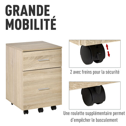 Mobile Office Pedestal Storage Cabinet 2 Drawers 5 Casters Particle Board 39.5 x 39 x 58.5 cm Oak