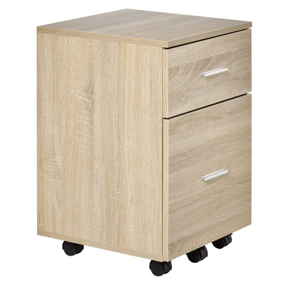 Mobile Office Pedestal Storage Cabinet 2 Drawers 5 Casters Particle Board 39.5 x 39 x 58.5 cm Oak