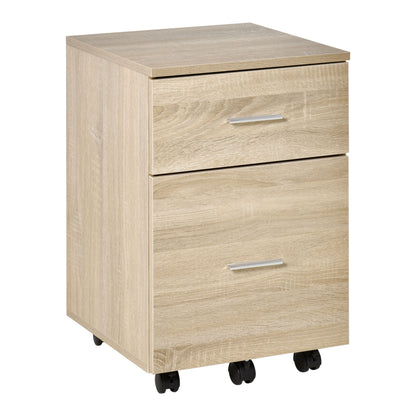 Mobile Office Pedestal Storage Cabinet 2 Drawers 5 Casters Particle Board 39.5 x 39 x 58.5 cm Oak