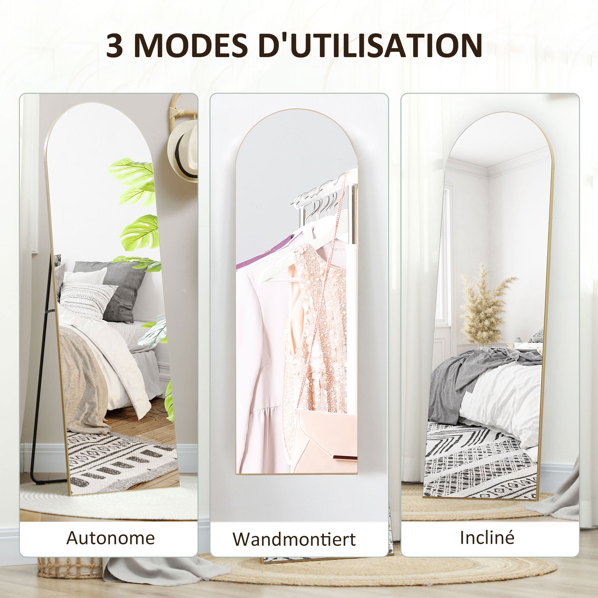 Full-Length Mirror, 50 x 150 cm, standing mirror, large frameless wall mirror, for living room, bedroom, gold tone
