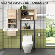 Toilet Shelf Bathroom Cabinet Over Toilet WC with 2 Doors Cupboard and Open Shelf 64L x 19W x 178H cm Oak and Black