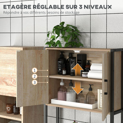 Toilet Shelf Bathroom Cabinet Over Toilet WC with 2 Doors Cupboard and Open Shelf 64L x 19W x 178H cm Oak and Black