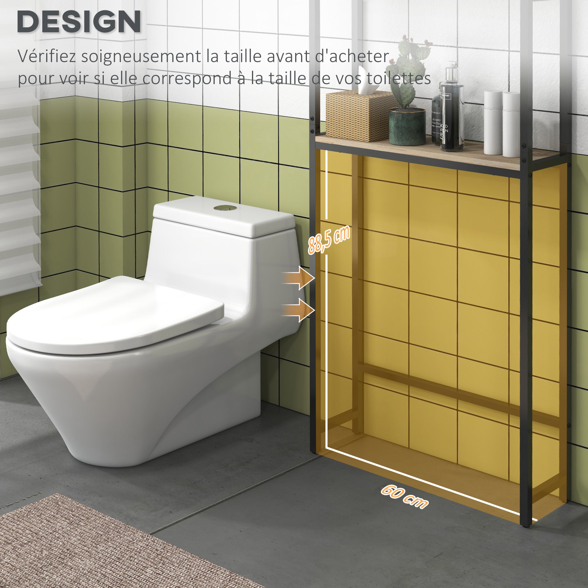 Toilet Shelf Bathroom Cabinet Over Toilet WC with 2 Doors Cupboard and Open Shelf 64L x 19W x 178H cm Oak and Black
