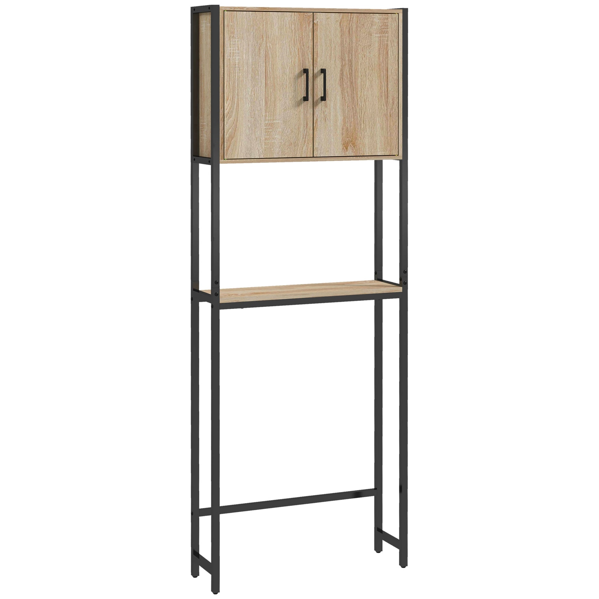 Toilet Shelf Bathroom Cabinet Over Toilet WC with 2 Doors Cupboard and Open Shelf 64L x 19W x 178H cm Oak and Black