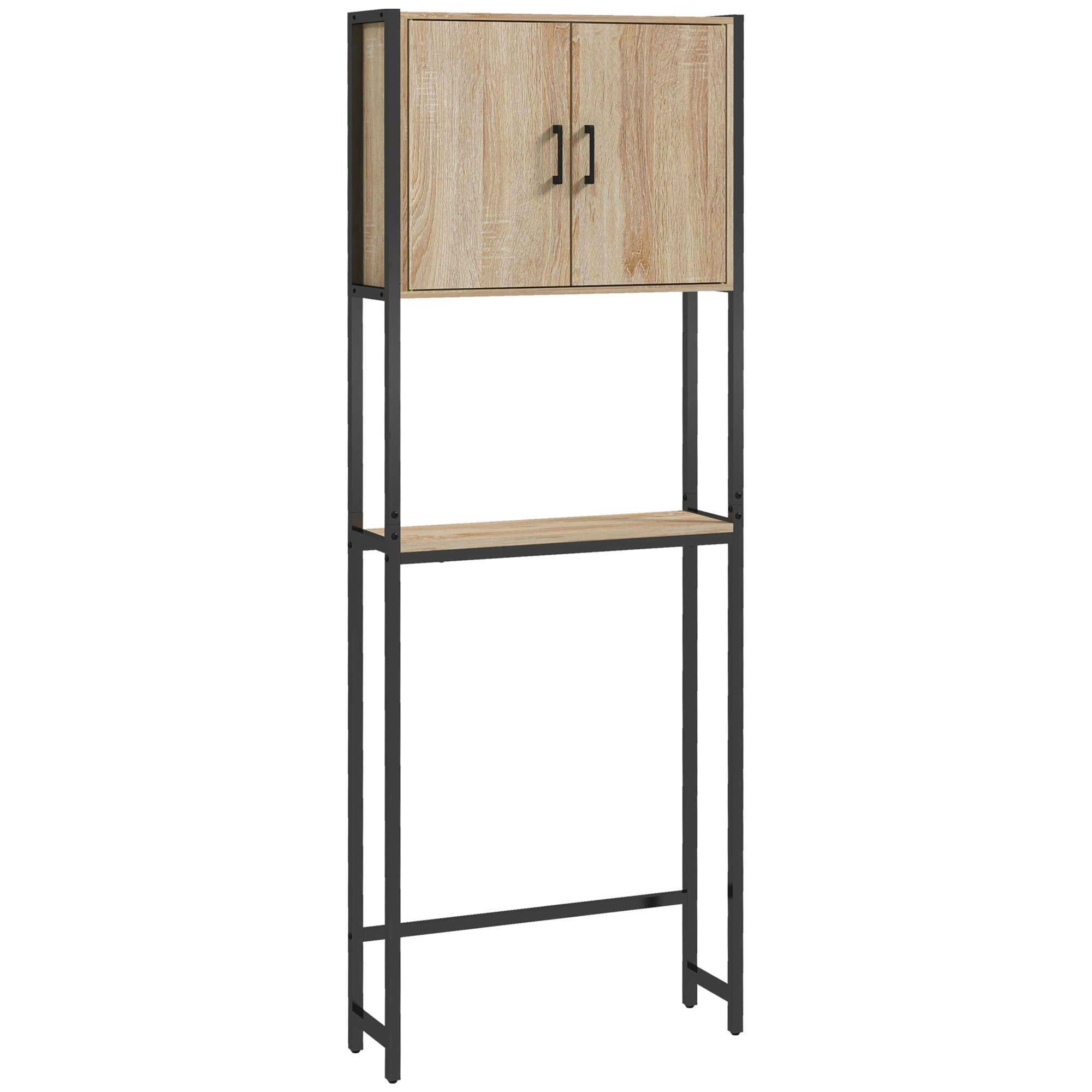 Toilet Shelf Bathroom Cabinet Over Toilet WC with 2 Doors Cupboard and Open Shelf 64L x 19W x 178H cm Oak and Black