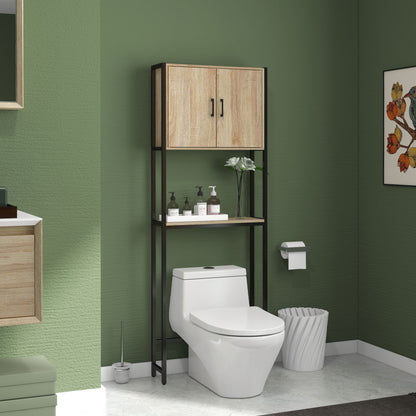 Toilet Shelf Bathroom Cabinet Over Toilet WC with 2 Doors Cupboard and Open Shelf 64L x 19W x 178H cm Oak and Black
