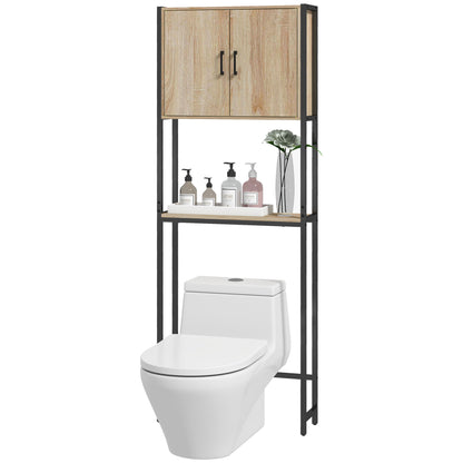 Toilet Shelf Bathroom Cabinet Over Toilet WC with 2 Doors Cupboard and Open Shelf 64L x 19W x 178H cm Oak and Black