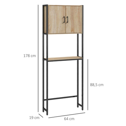 Toilet Shelf Bathroom Cabinet Over Toilet WC with 2 Doors Cupboard and Open Shelf 64L x 19W x 178H cm Oak and Black