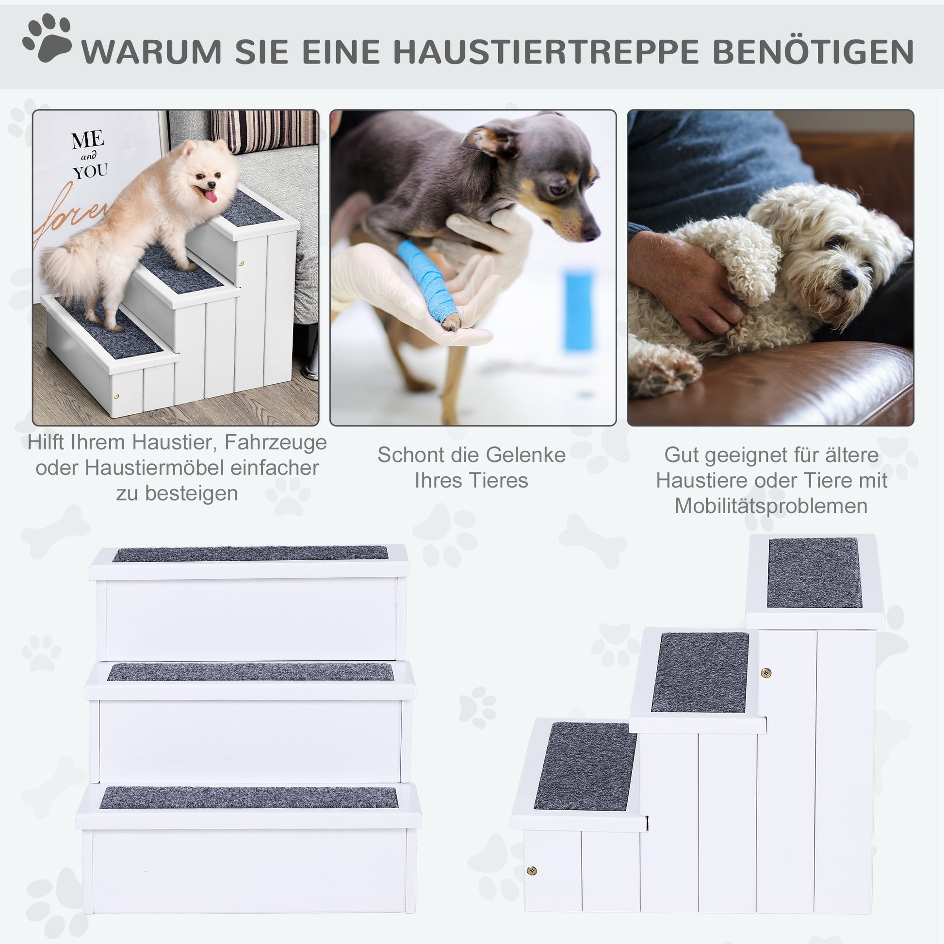 Pet Stairs 3 Steps Cat Stairs Pet Stairs for Dogs and Cats Animal Stairs Entry Aid with Carpet Storage Space for Sofa Bed Fir Wood White 40.5 x 44.5 x 38 cm