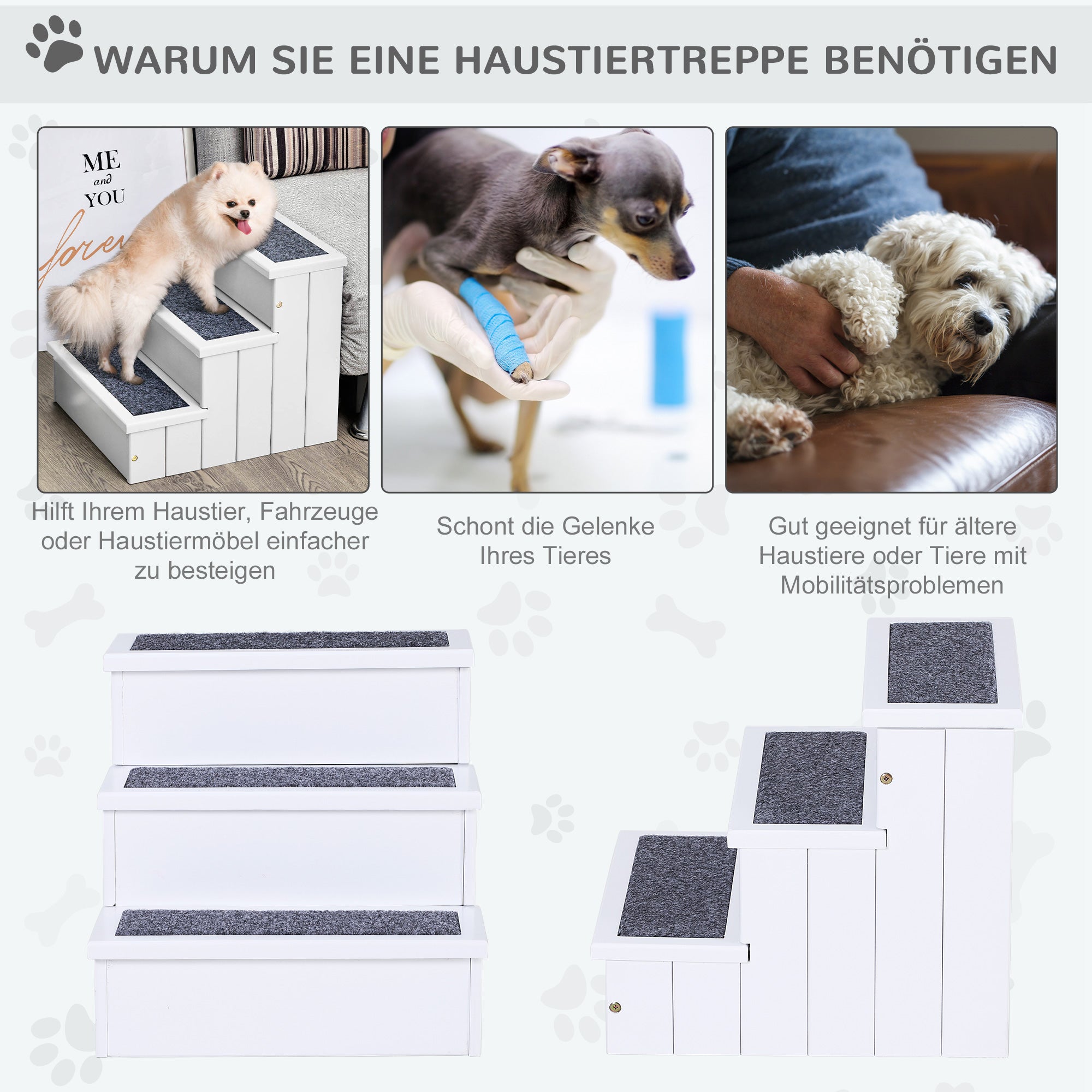 Pet Stairs 3 Steps Cat Stairs Pet Stairs for Dogs and Cats Animal Stairs Entry Aid with Carpet Storage Space for Sofa Bed Fir Wood White 40.5 x 44.5 x 38 cm