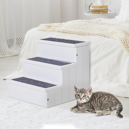 Pet Stairs 3 Steps Cat Stairs Pet Stairs for Dogs and Cats Animal Stairs Entry Aid with Carpet Storage Space for Sofa Bed Fir Wood White 40.5 x 44.5 x 38 cm