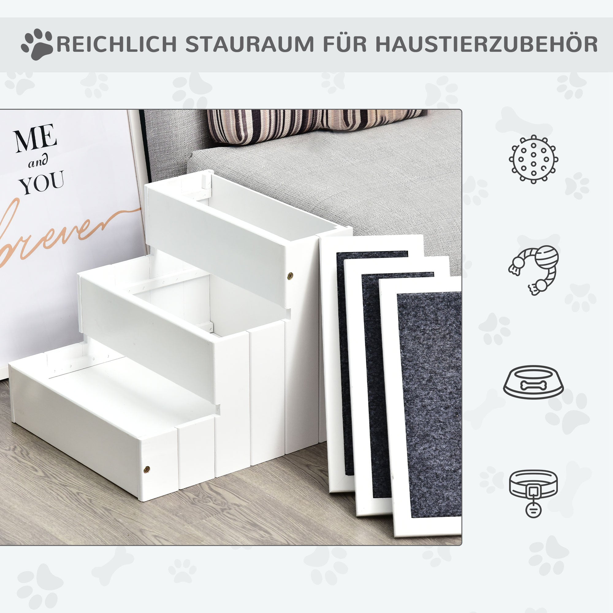 Pet Stairs 3 Steps Cat Stairs Pet Stairs for Dogs and Cats Animal Stairs Entry Aid with Carpet Storage Space for Sofa Bed Fir Wood White 40.5 x 44.5 x 38 cm