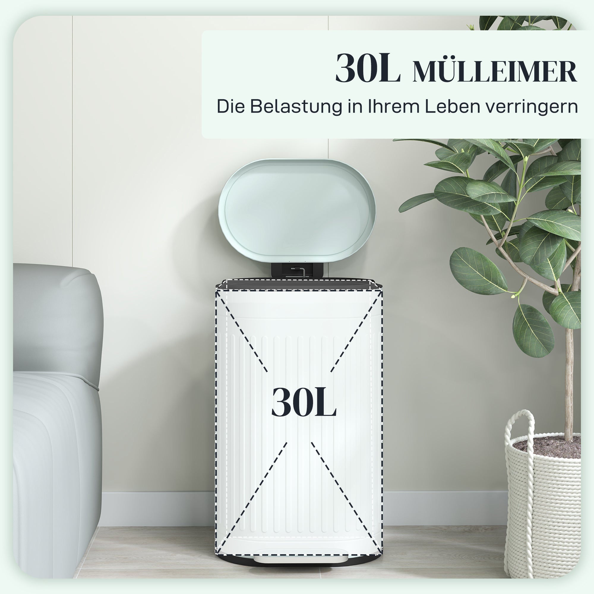 30L Pedal Bin with Removable Inner Bucket & Soft-Close Lid, Fingerprint-Resistant, Green (36.5 x 31.2 x 60.8 cm)